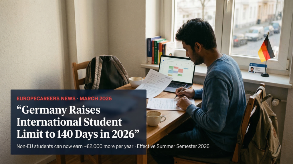 International student reviewing work schedule documents at a desk in Germany, reflecting the 2026 update raising the student work limit to 140 days